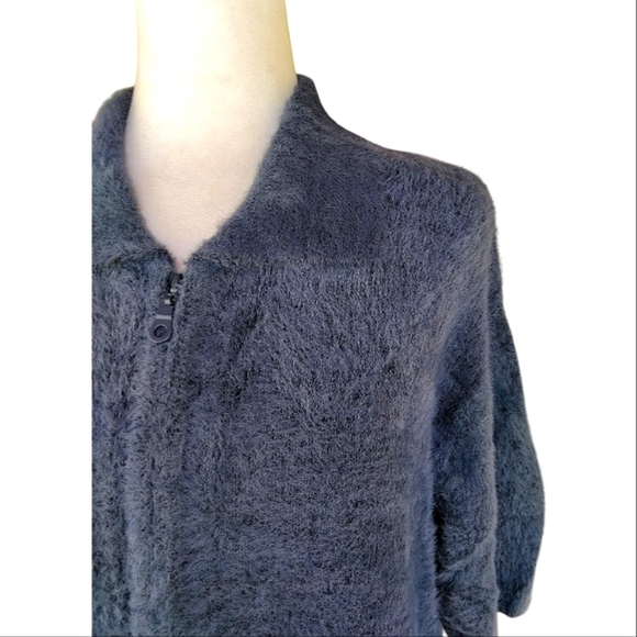 Anthropologie Standard Cloth Navy Blue Fuzzy Knit Zip Front Polo Shirt Small - Picture 3 of 8